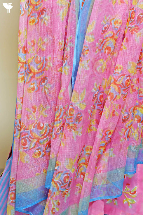 Kota Doria Dupatta With Floral Block Print